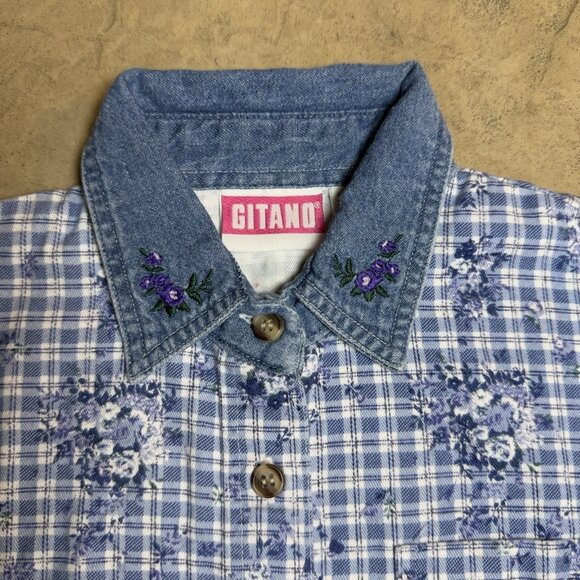 Vintage Gitano Girls Shirt Size 6 Plaid Floral Denim Collar Embroidered 90s - Picture 2 of 5